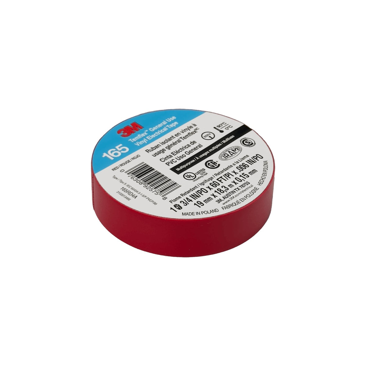 TEMFLEX-18R Cinta Aislante PVC Roja 3M 18mt 165 19mm 0,15mm 600V 0-90ºC