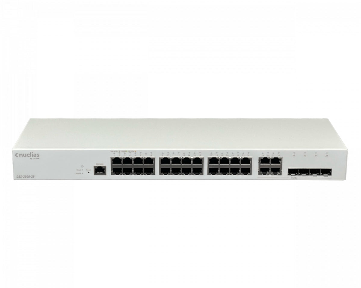 DBS-2000-28. Conmutador D-LINK 24 puertos Gigabit 4 puertos Gigabit 4-SFP Consola Administración Capa 2 Montaje en bastidor RS232-RJ45