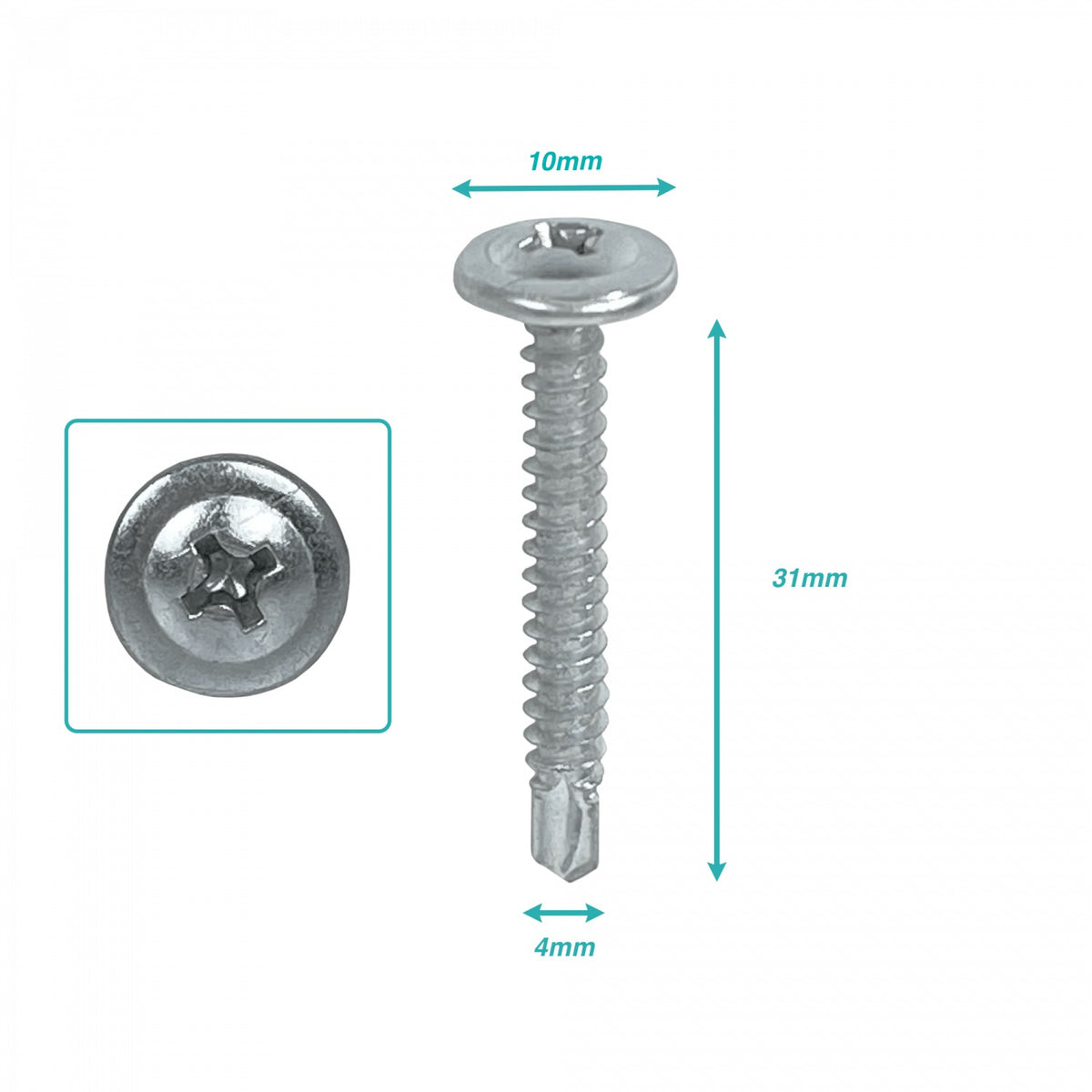 BJ8-12 Tornillo autoperforante zincado cabeza lenteja 10 mm, 8 x 1 1/4 pulgadas, largo 31 mm, paso 1,25 mm, caja de 100 unidades