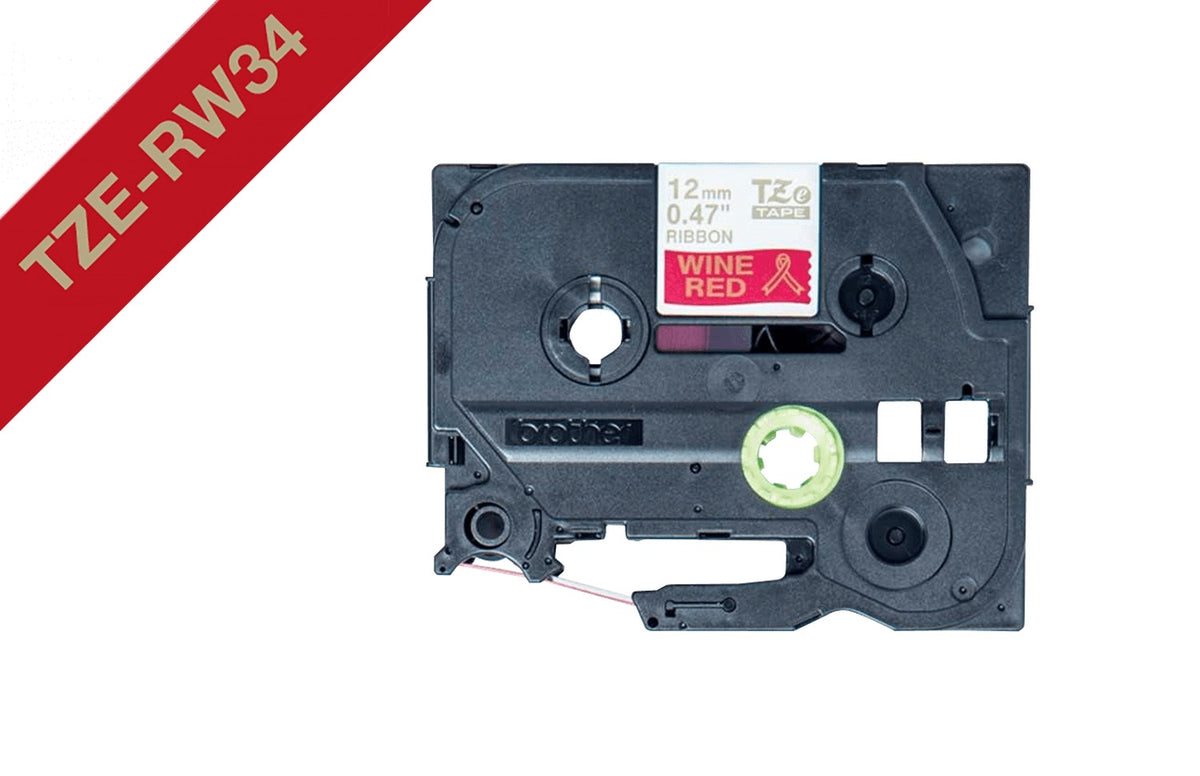 TZE-RW34 BROTHER Satinado 12mm Dorado sobre Fondo Rojo-Vino Cinta 4 metros para PT-H110/H200