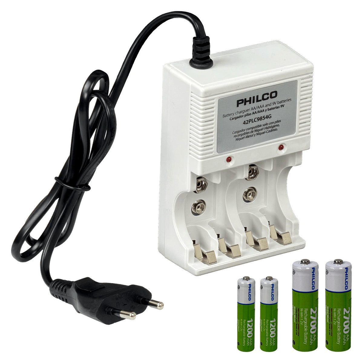 CARGADOR-9A. PHILCO Cargador 2-Pila-9V o 4-Pilas-AA/AAA inc-4-pilas Recargable
