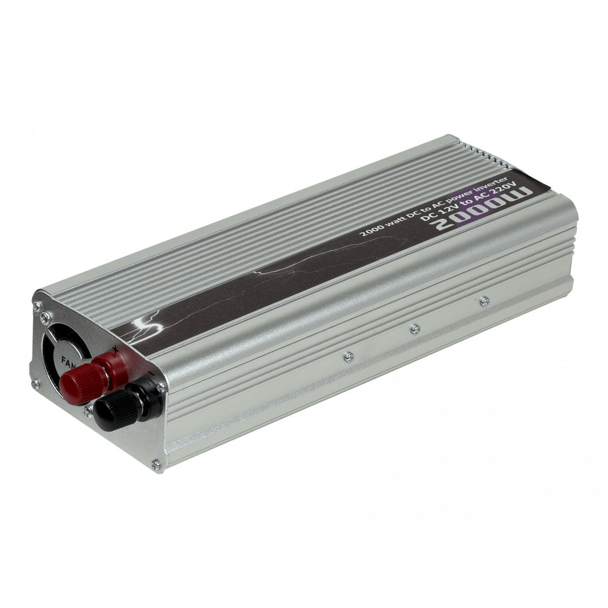 INV-2000W. Convertidor de corriente 2000W entrada 12VDC salida 220V 1 enchufe multinorma 1 puerto USB-A con ventilador