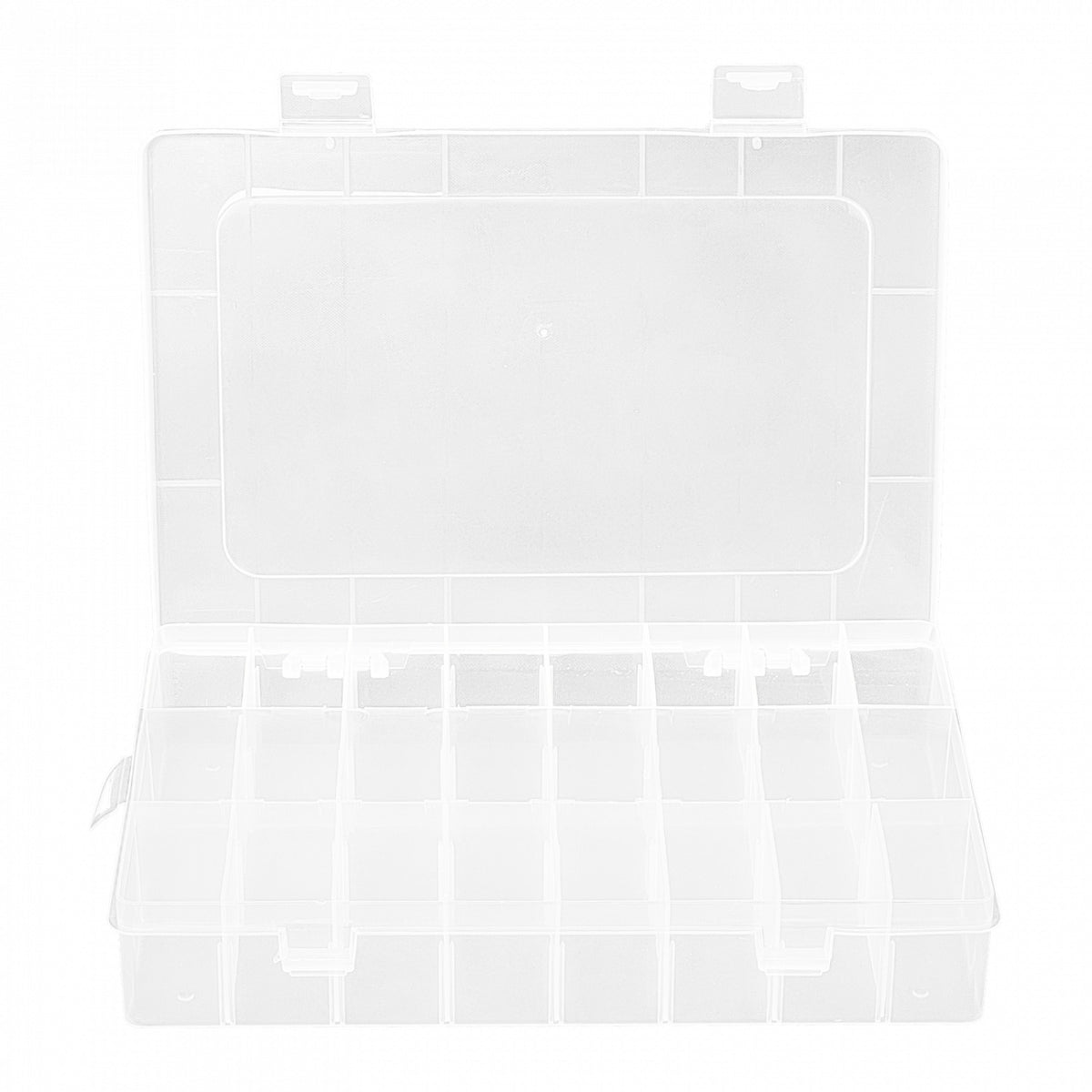 PLA-224 CAJA ORGANIZADORA TRANSPARENTE CON TAPA, 24 COMPARTIMENTOS MODULARES, 190x125x35mm