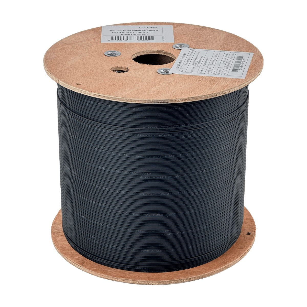 CFSQ2N Cable Drop de Fibra Óptica 1km LSZH 2 Hilos Monomodo G652D 1 Elemento Portante 2 Varillas FRP Cubierta Negra