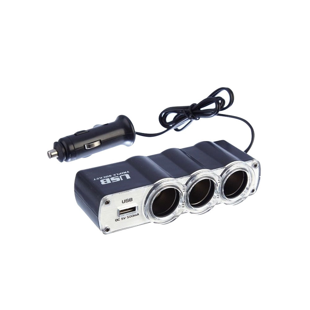 WF-0120 Adaptador 3-Tomas-Hembra Vehicular 1-Puerto-USB-Hembra-AH 5VDC 0,5A 12V/24V-Enchufe-Encendedor