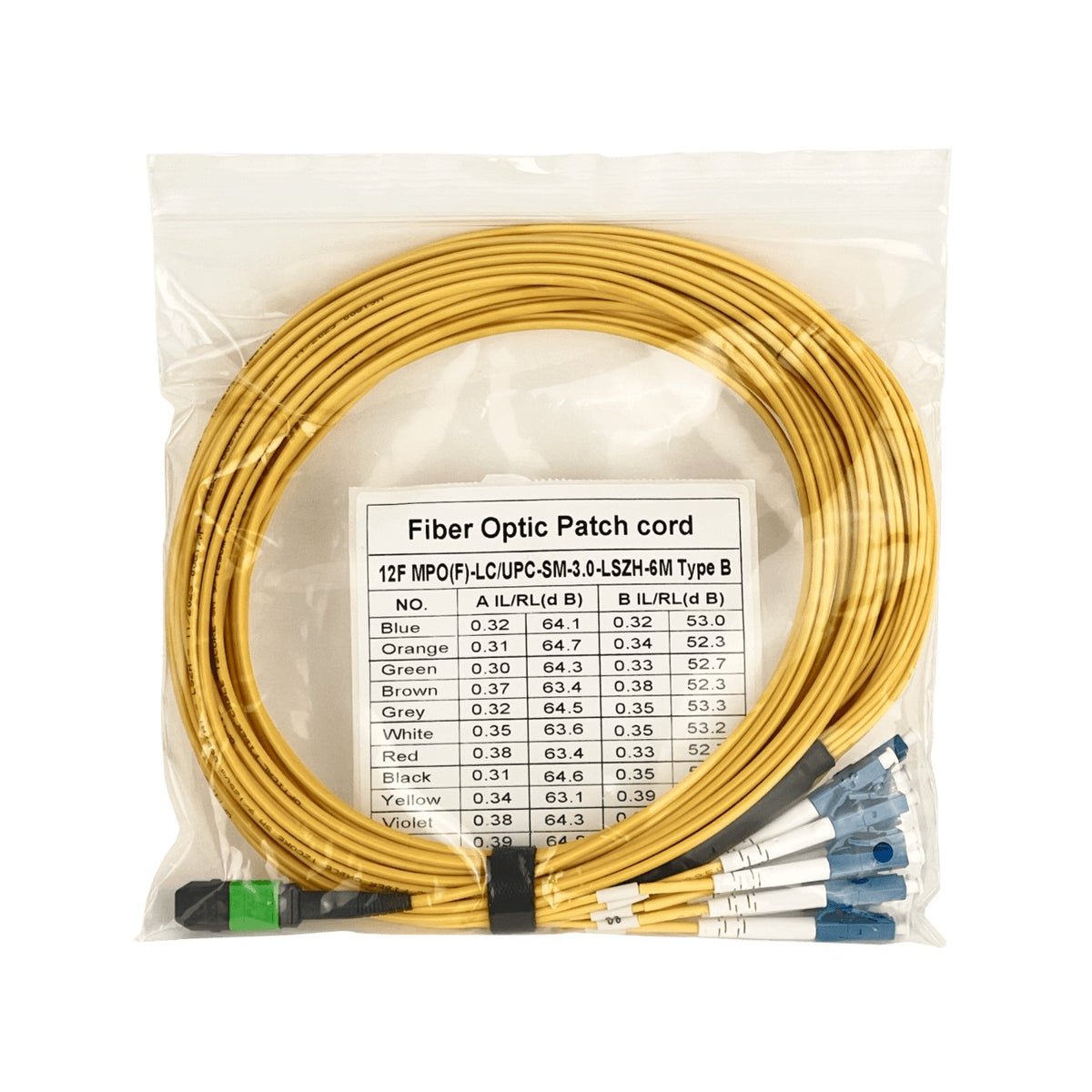 JFSLM6 Cable Jumper de Fibra Óptica Monomodo 9/125um, 6 metros totales, 12 LC de 1.5m y 1 MPO de 4.5m