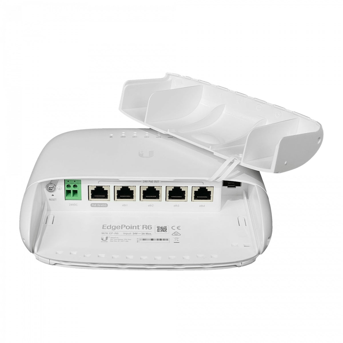 EP-R6 Router de exterior UBIQUITI con regleta de 24V, alimentación PoE pasiva de 24V y 30W, puerto SFP incluido, banda de 5 GHz y alcance de hasta 1000 metros.