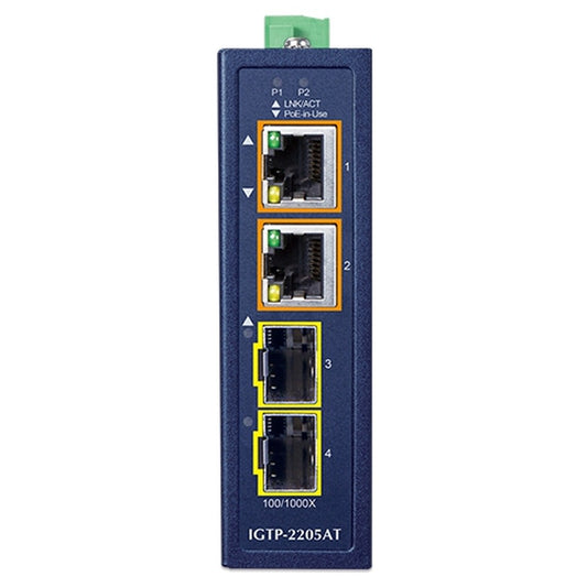 Conversor de Medios Industrial Compacto de 2 Puertos 100/1000X SFP a 2 Puertos 10/100/1000T 802.3at PoE+