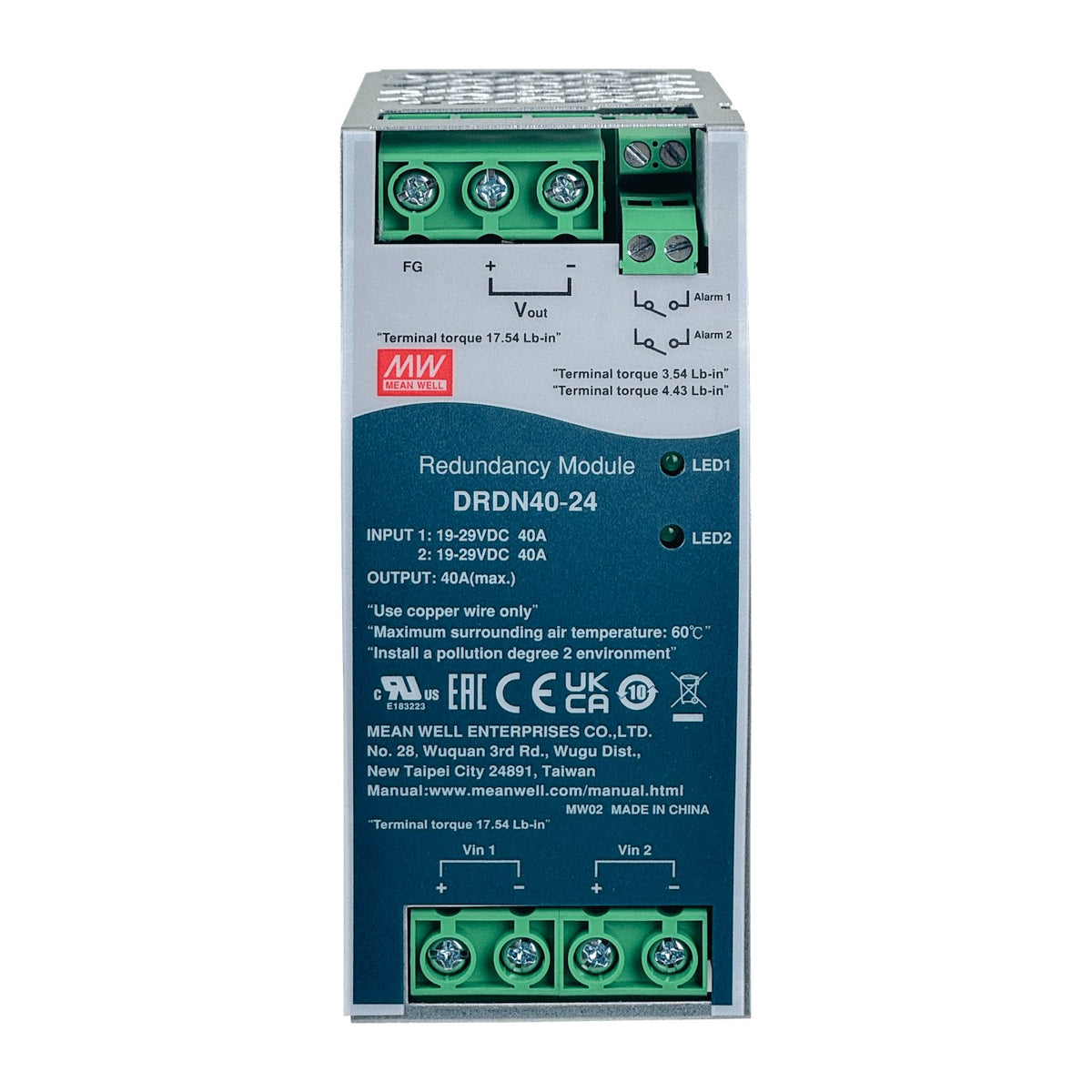 DRDN40-24 MEANWELL 24VDC 40A Unidad de Respaldo Redundante Ancho-55mm Carril-DIN 19-29VDC