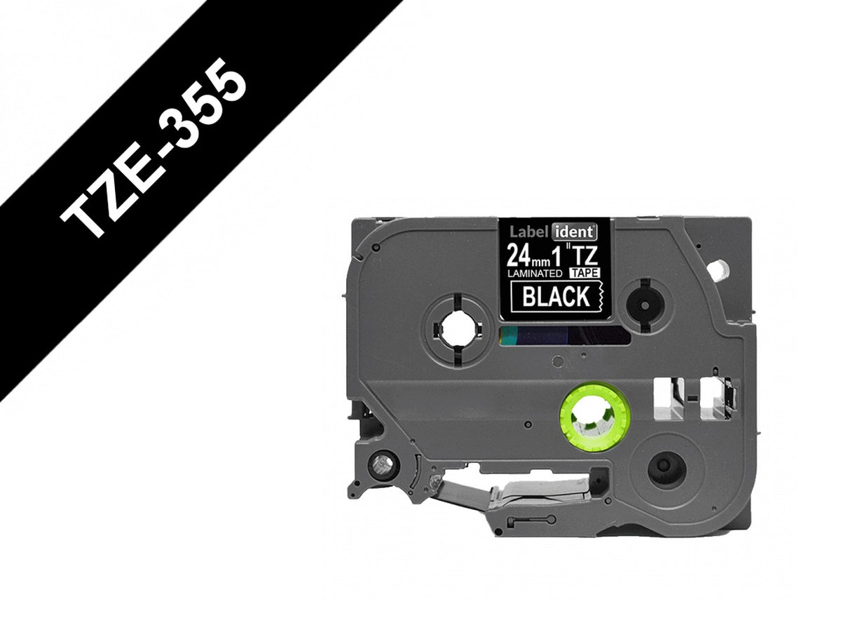 TZE-355 Cinta de 24 mm de ancho para etiquetadora BROTHER, impresión blanca sobre fondo negro, longitud 8 m, compatible con PT-E550WVP/D600VP/P900W
