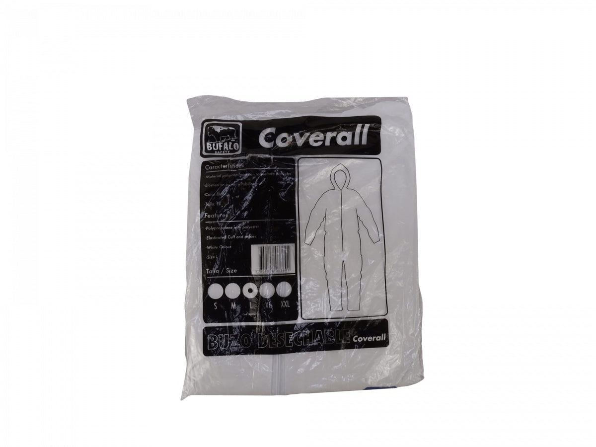 BUZO-L Overol Desechable Blanco Polipropileno Talla L con Cremallera y Capucha