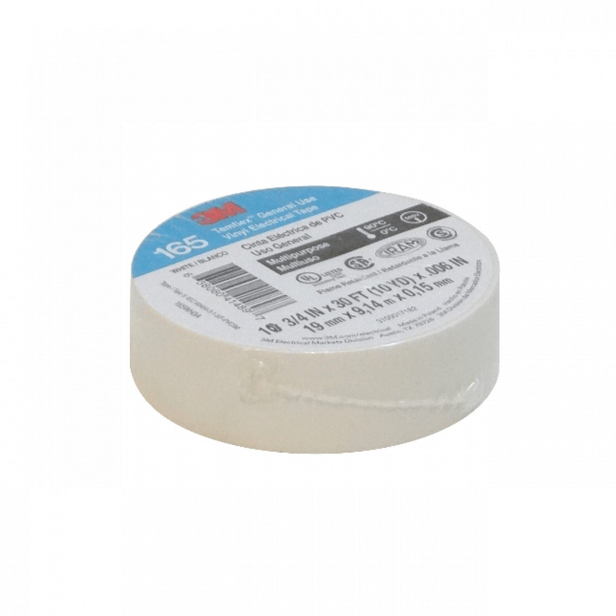 TEMFLEX-9W. 3M Cinta 9mt 165 Blanca Aislante PVC 19mm Espesor-0,15mm 600V Temperatura-90ºC