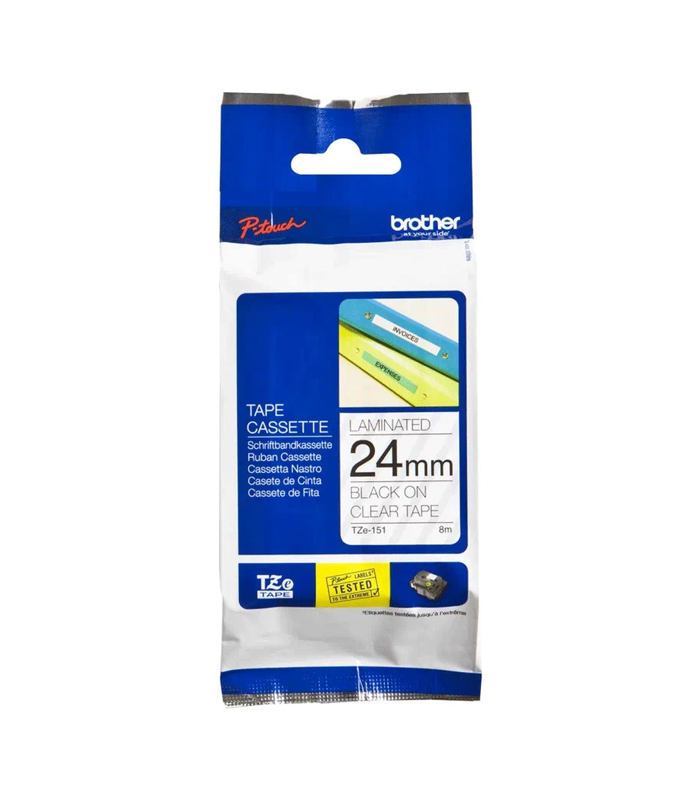 TZE-151 Cinta compatible BROTHER 24mm impresión negra sobre fondo transparente largo 8m para equipos PT-E550WVP/D600VP