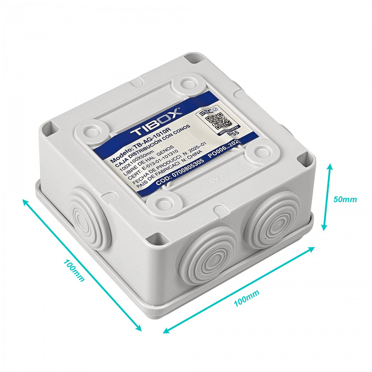 MTC-1 TIBOX Caja de Superficie Estanca IP55 Blanca 100x100x50mm con 7 Conos y 4 Tornillos AG1010R