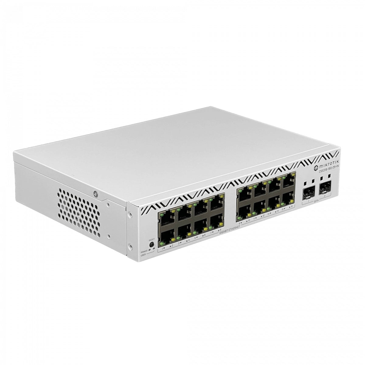 CSS318-16G-2S+IN MIKROTIK Conmutador de 16 puertos 1000Mbps, 2 ranuras SFP+ de 10Gbps, sistema SwOS Lite, montaje en bastidor, alimentación 100-240V, requiere cable C5