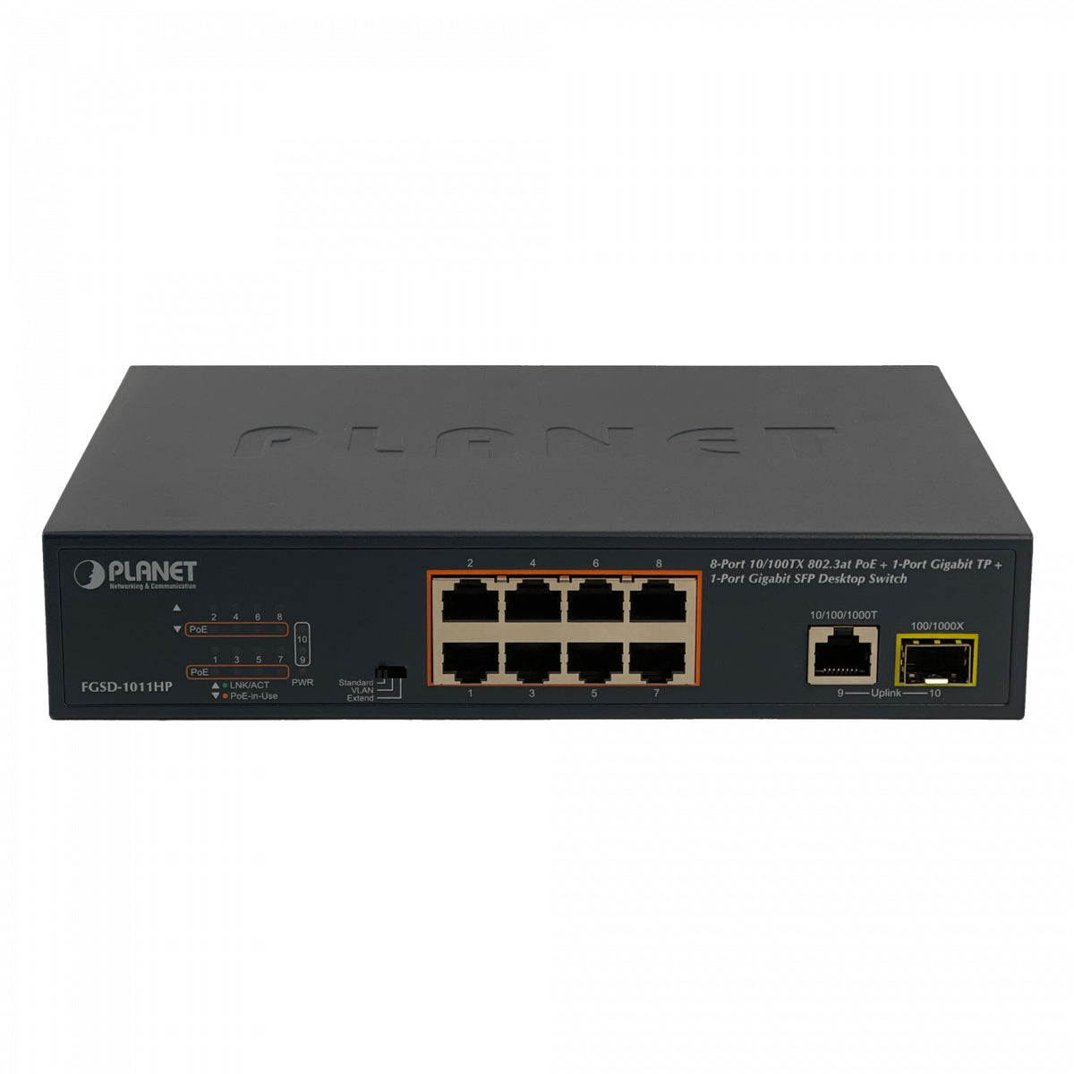 FGSD-1011HP PLANET Switch No Administrable de 19 Pulgadas con 8 Puertos 100Mbps PoE+at, 1 Puerto 1000Mbps, 1 SFP y 120W Totales