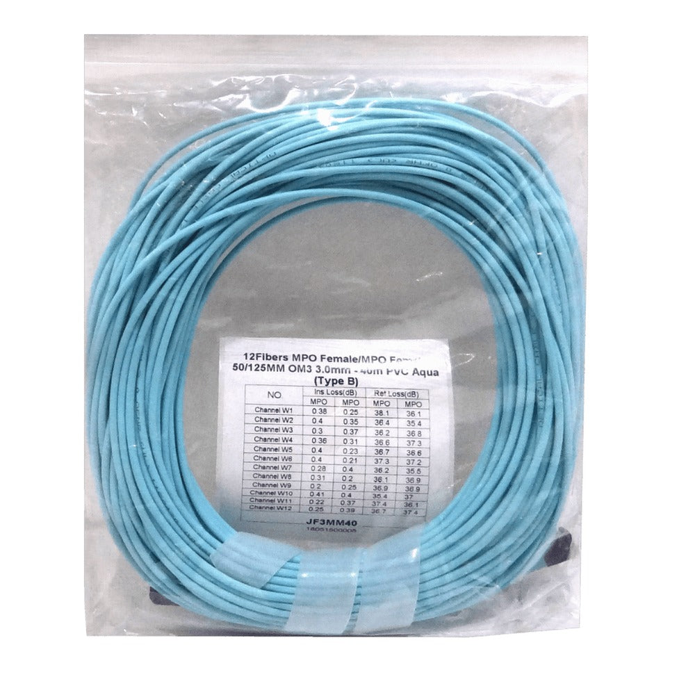 JF3MM40 Cable puente de fibra MPO a MPO 40 metros 12 fibras Tipo B OM3 Multimodo MM LSZH