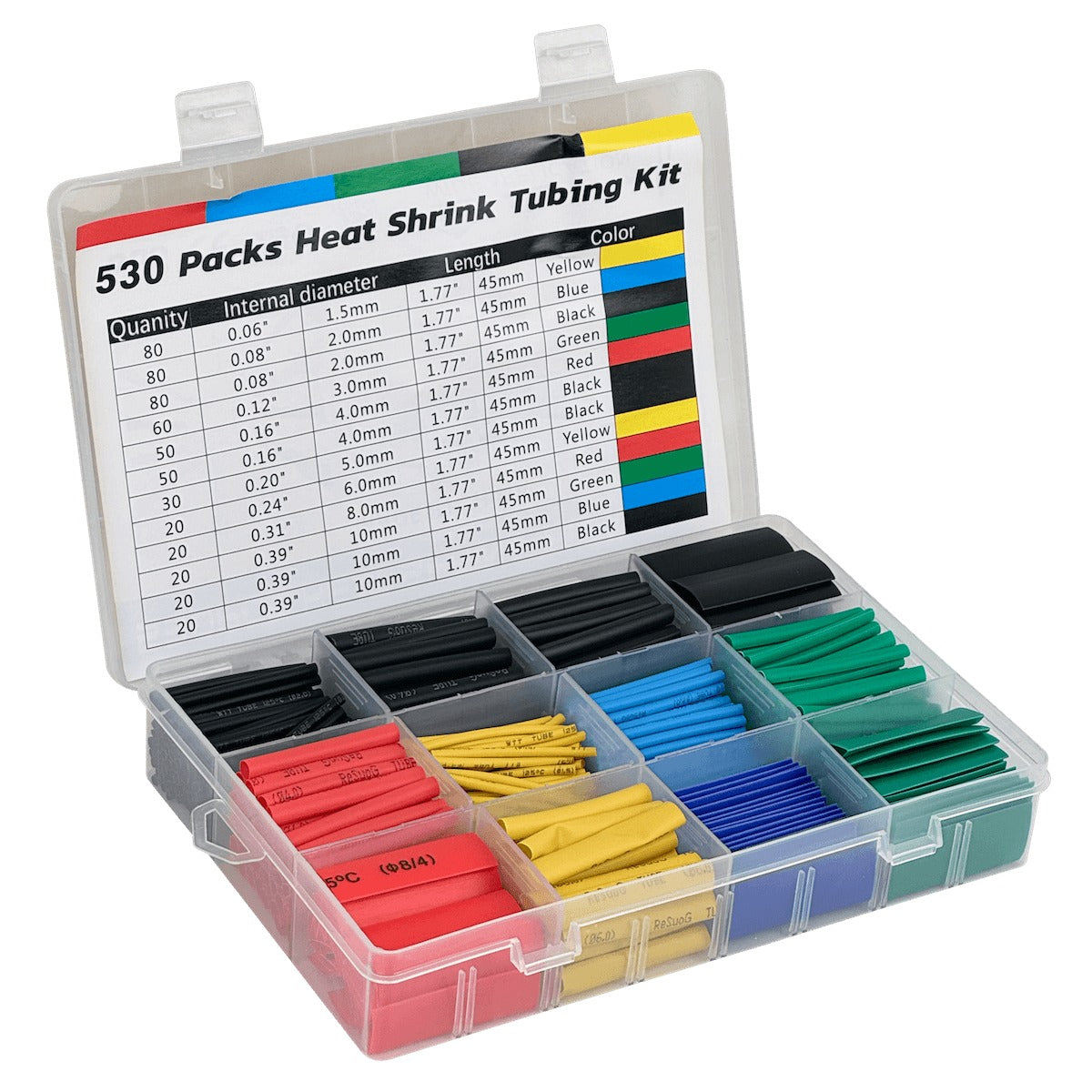 KIT-TERMO Conjunto de Fundas Termocontraíbles 530-Unidades 1,5 2 3 4 5 6 8 10mm Surtido-Colores