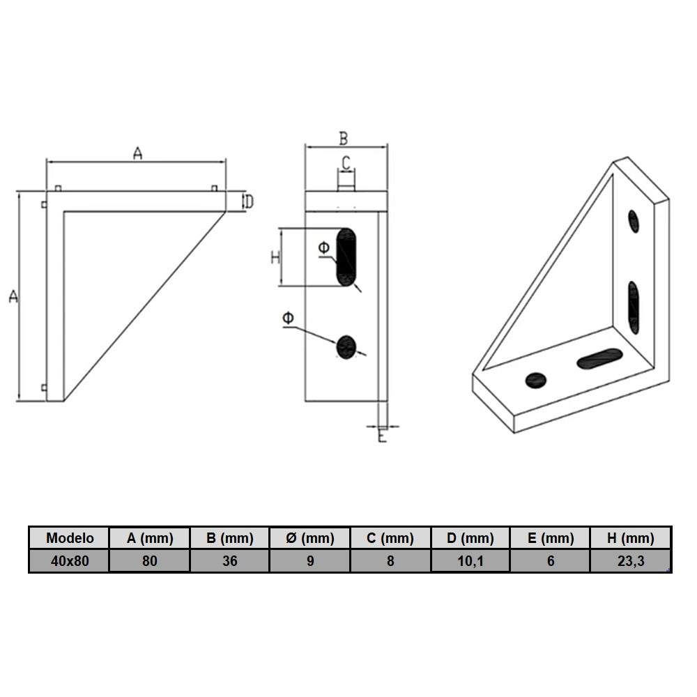 Soporte ángulo 90° perfil TSlot 40x80 (Pack 2 unds)