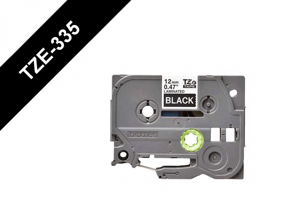 TZE-335 BROTHER 12mm Blanco sobre Fondo Negro Cinta 8mt para PT-H110/E300/E550/D600