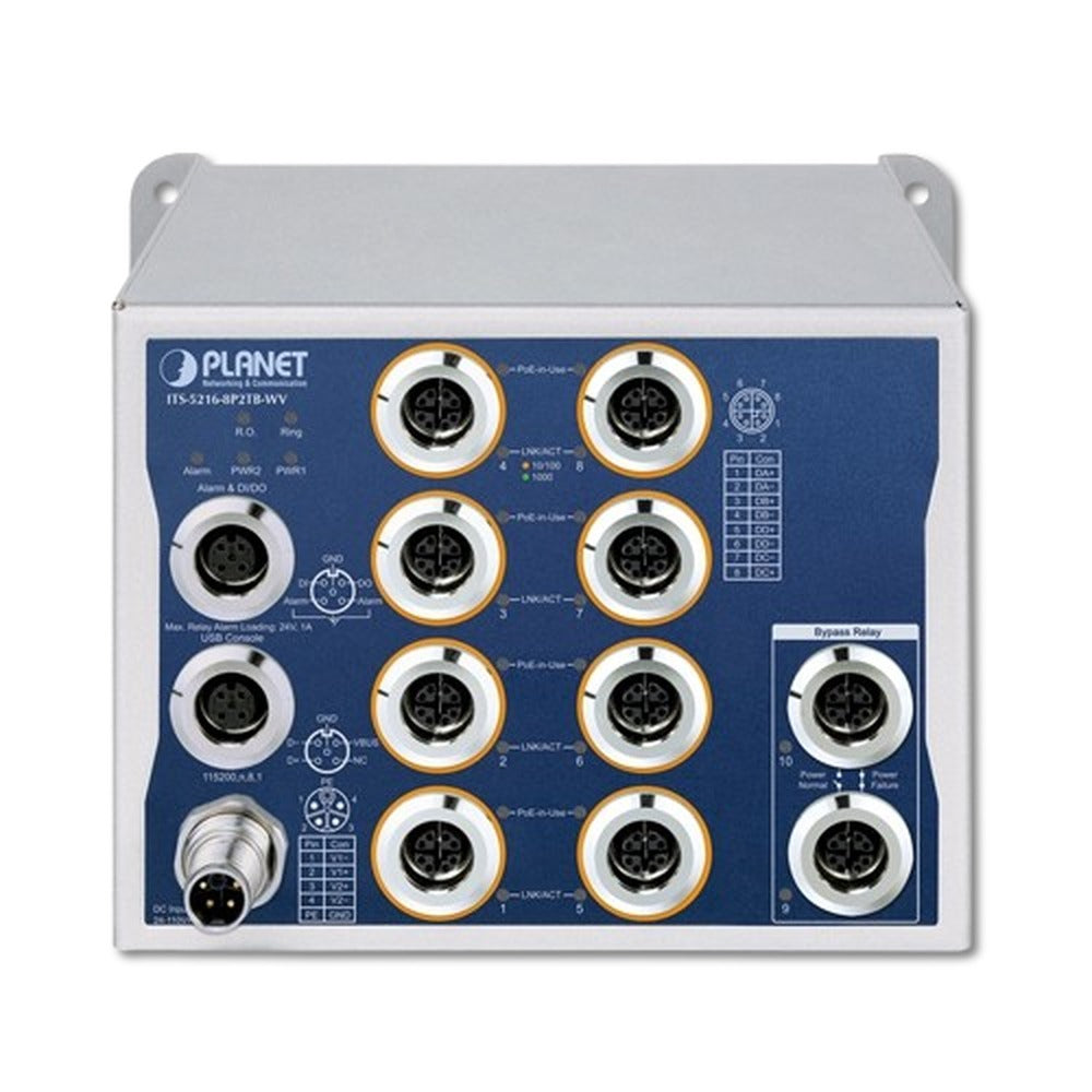 Switch Industrial L2+ 8 Puertos Gigabit PoE+ M12 + 2 Puertos Gigabit M12 PLANET ITS-5216-8P2TB-WV