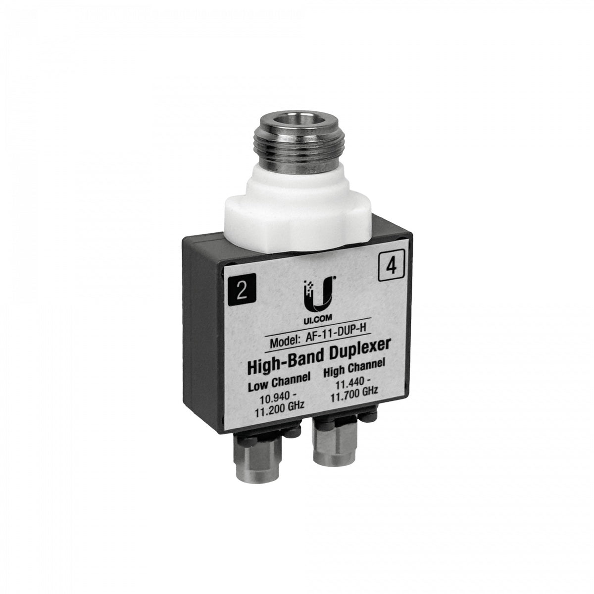 AF-11FX-DUP-H. Duplexor para AF-11 de UBIQUITI, bandas de 10,9–11,2 GHz y 11,4–11,7 GHz, 2 conectores SMA macho y 1 conector N hembra, modelo AF-11-DUP-H.