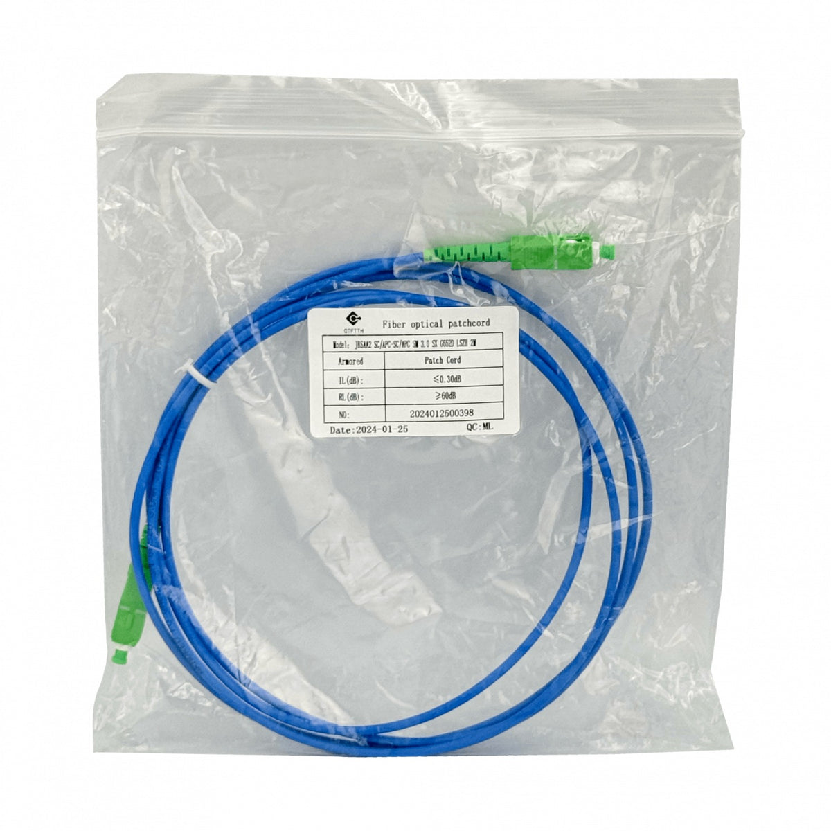 JBSAA2 Jumper de fibra óptica simplex monomodo blindado LSZH de 2 metros con conectores SC/APC a SC/APC de 3.0 mm de diámetro y núcleo de 9/125 µm