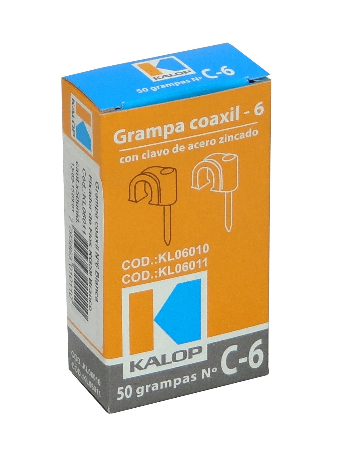 GRAMPA-C6W KALOP 50 unidades C6 Blanca 6x6mm Clavo-15x2mm Galvanizado Fijación para cable coaxial