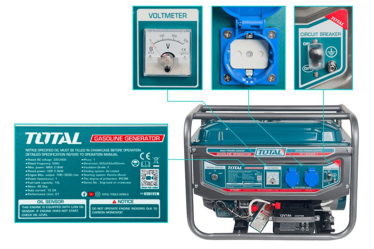GENE-30 TOTAL 3000W Generador eléctrico de gasolina Depósito de 15L 220VAC TP130005-1