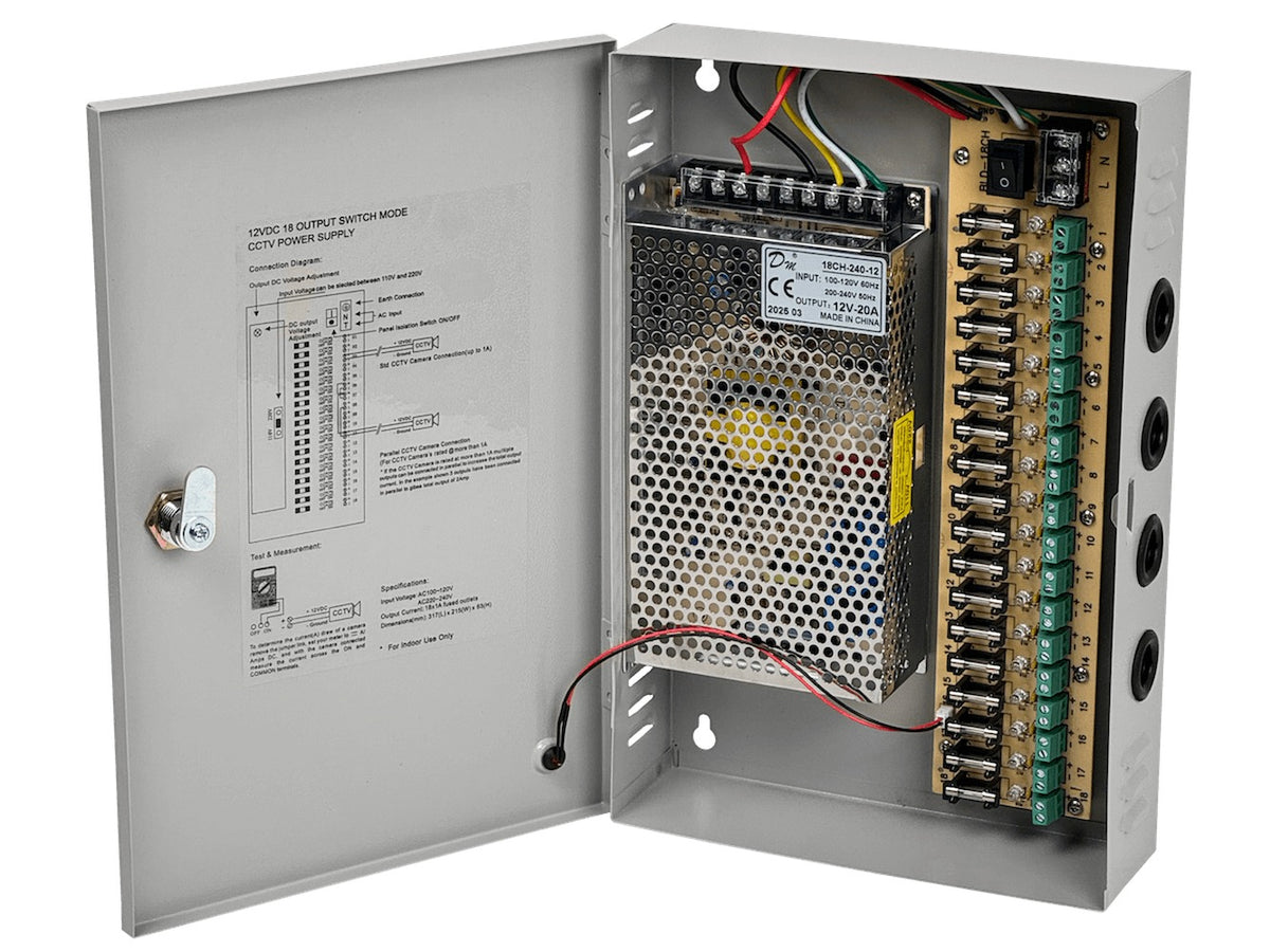 F12-20T Fuente de Alimentación 240W 12VDC 20A 18-Salidas Gabinete con Llave Piloto 100-240VAC