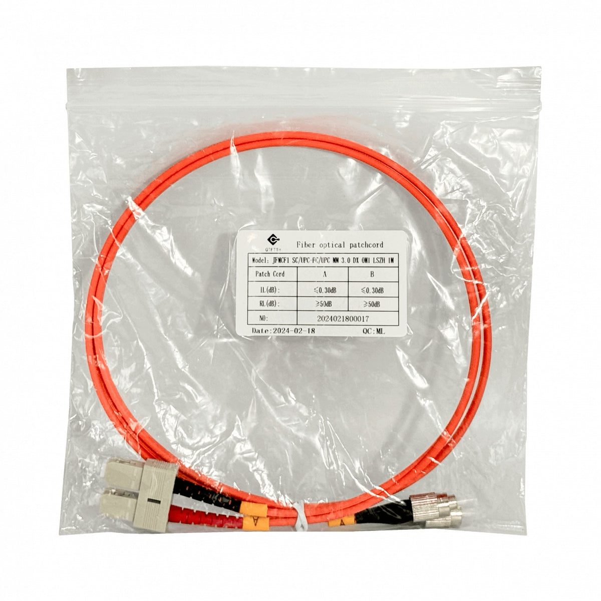 JFMCF1 1 metro SC-FC OM1 Multimodo MM Dúplex Latiguillo Fibra Óptica 62.5/125µm LSZH