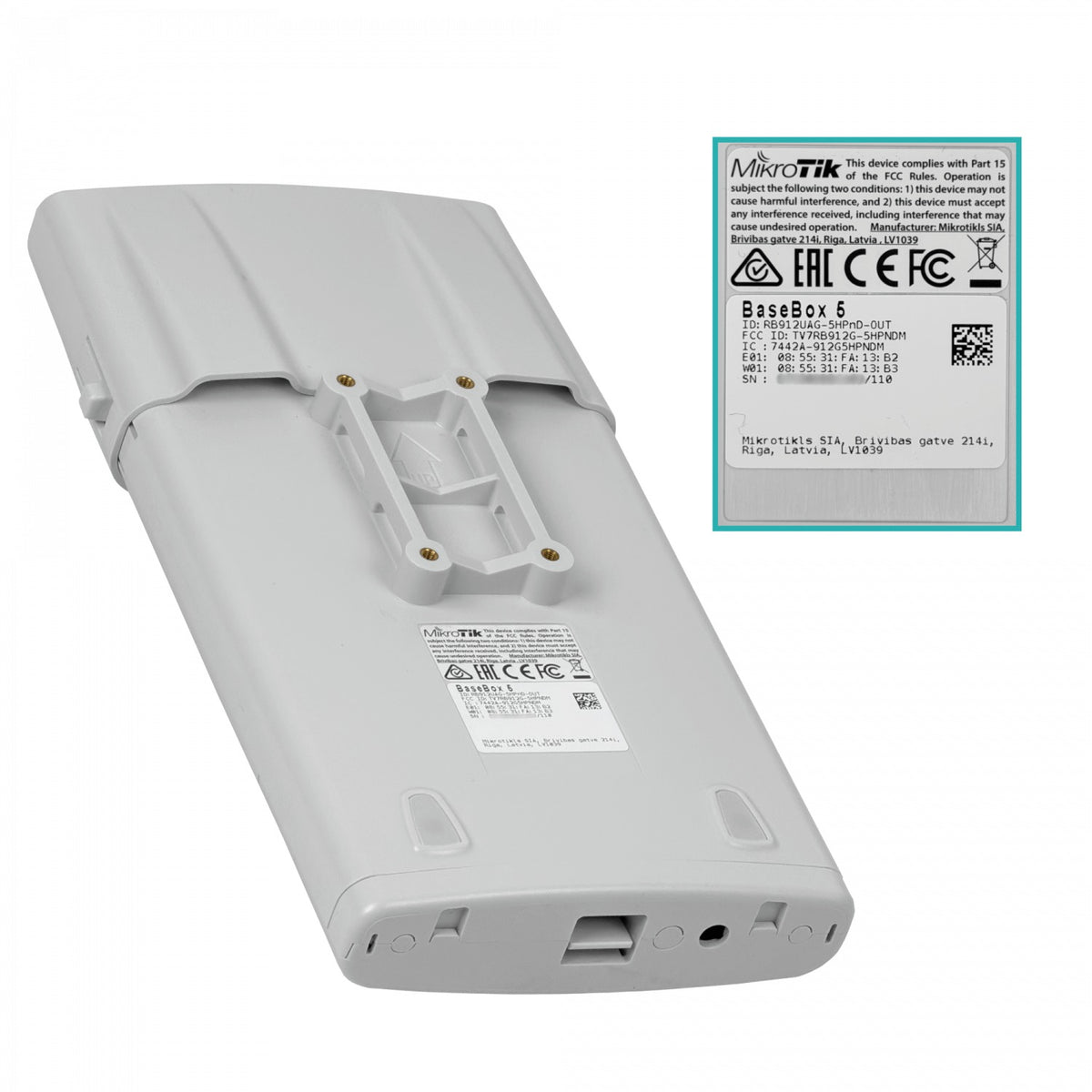 BASEBOX5 MIKROTIK Equipo de Exterior 5GHz 2x2 MIMO, Puerto MiniPCIe, Puerto Gigabit 10/100/1000, 2 Conectores RP-SMA, Modelo RB912UAG-5HPND-OUT