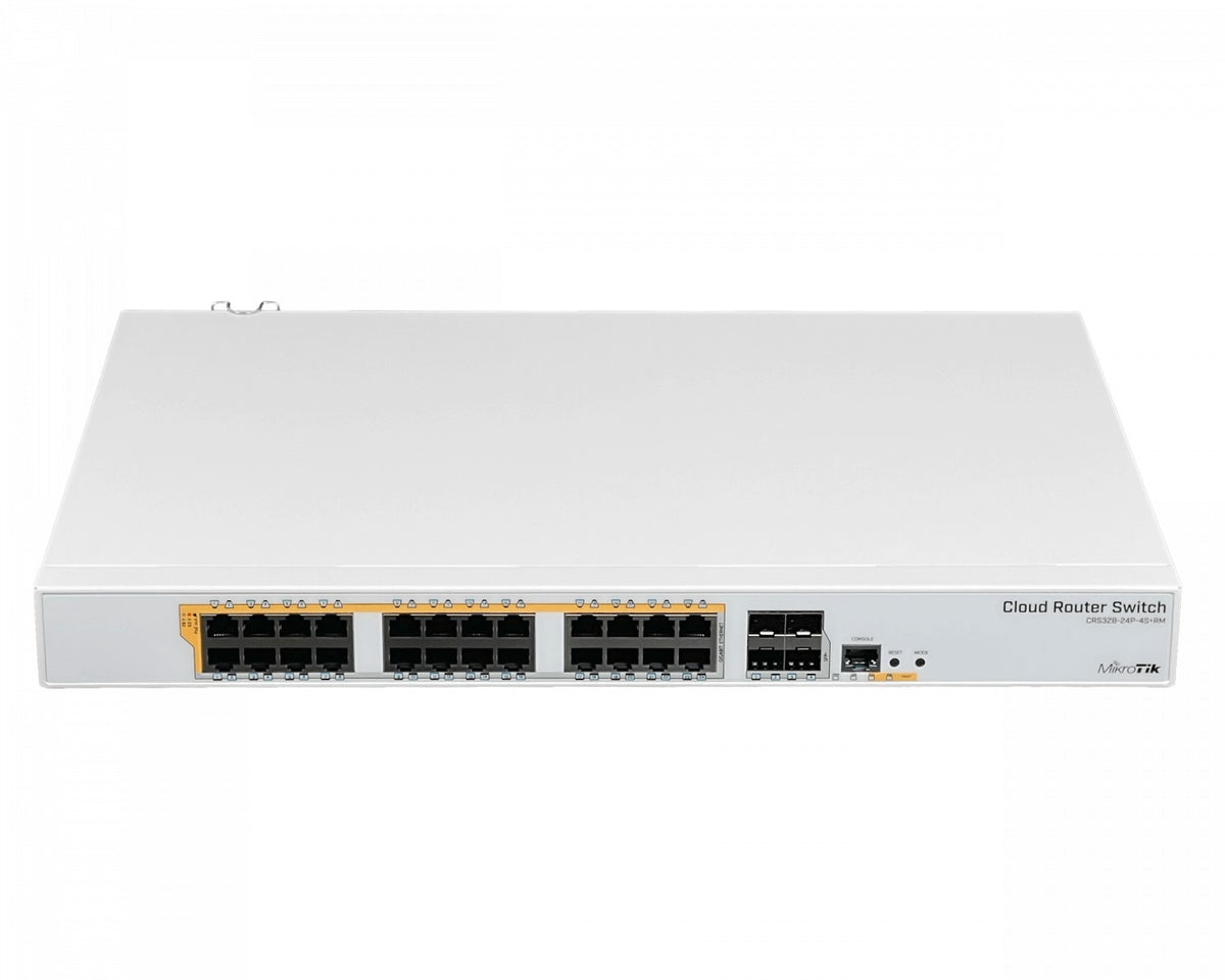 CRS328-24P-4S+RM MIKROTIK Switch Capa 3 / Router Nivel 5 con 24 puertos Gigabit PoE, 4 ranuras SFP+ 10G y fuente de 150W total, requiere cableado