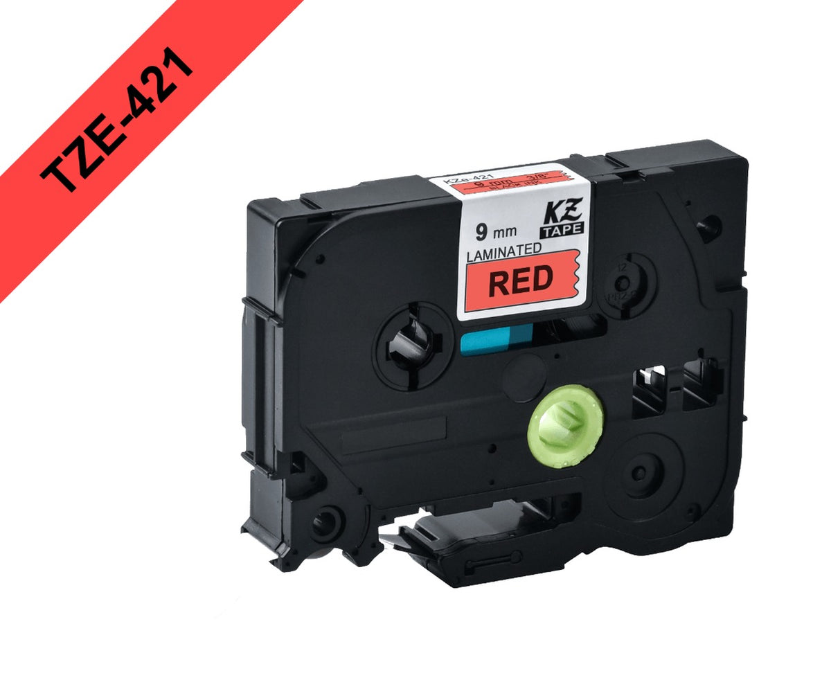 TZE-421 BROTHER Cartucho de Etiqueta 9mm Texto Negro sobre Cinta Roja Largo 8m Compatible PT-H110/E300/E550/D600