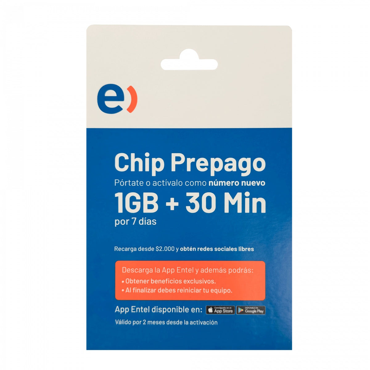 SIM-E Tarjeta SIM ENTEL prepago 3G/4G/5G con 30 minutos y 1GB, necesita activación con RUT en Subtel
