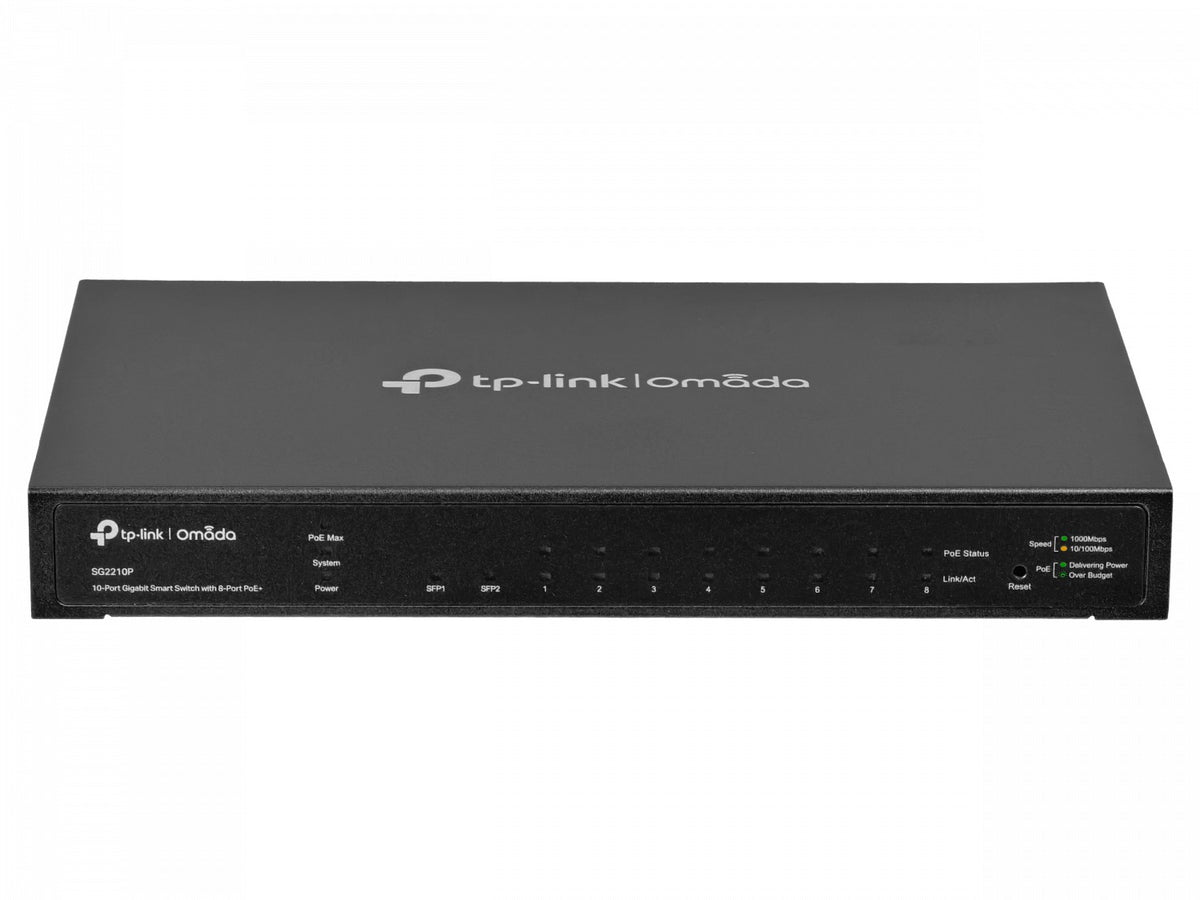 SG2210P. Conmutador inteligente de escritorio TP-LINK con 8 puertos 1000 PoE+ y 2 ranuras SFP, potencia total de 53 W, incluye fuente de 53 V, compatible con Omada.