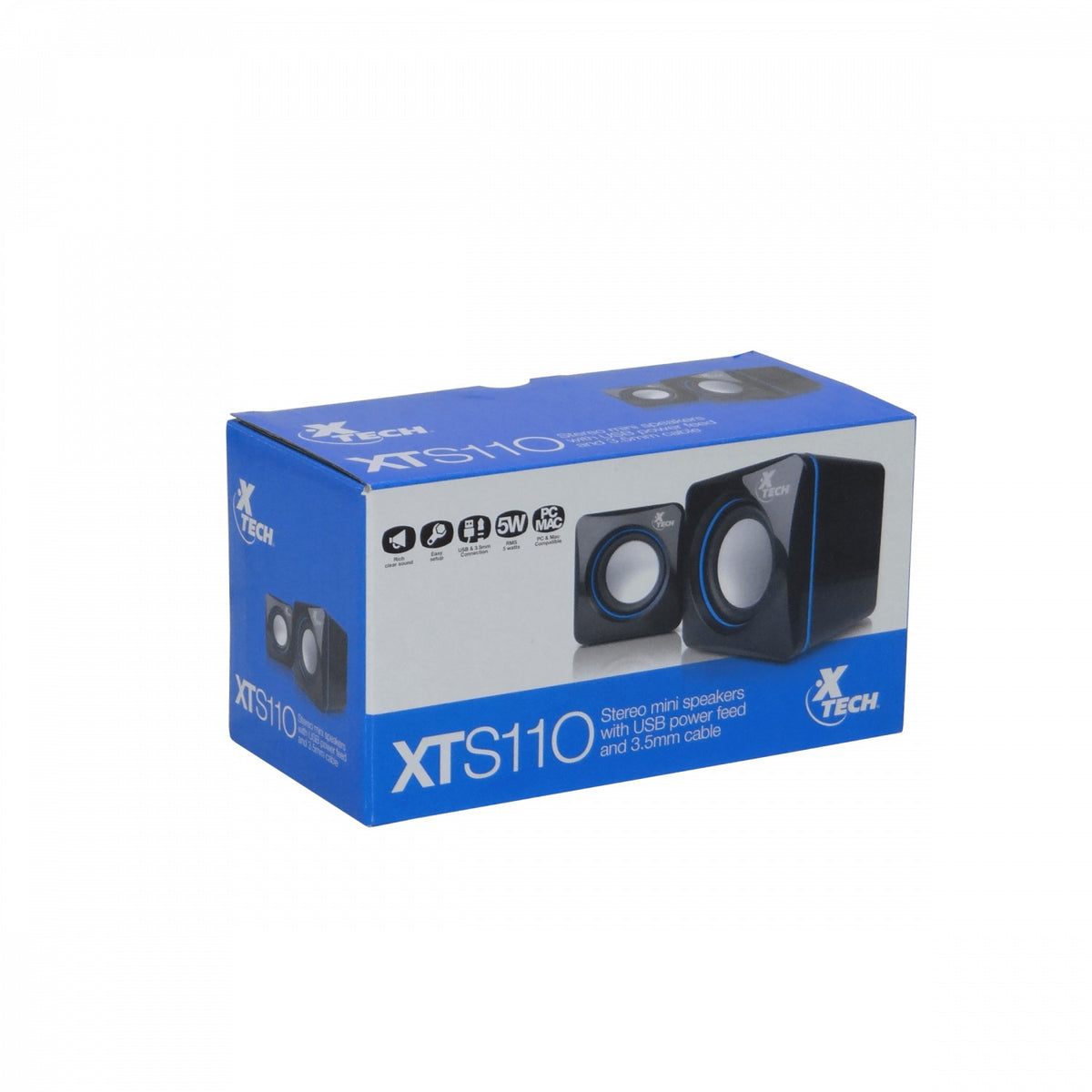 XTS-110 XTECH Mini Parlantes2.0 5W req-USB-Power 3,5mm-M cable-90cm 7x7x7cm