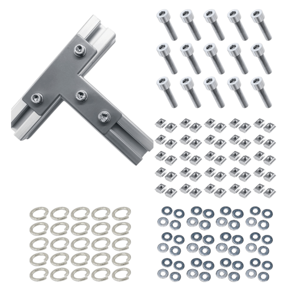 Planchas de empalme tipo T con acabado mate para riel TSLOT + tornillos + arandelas + tuercas deslizantes (set de 25 planchas)