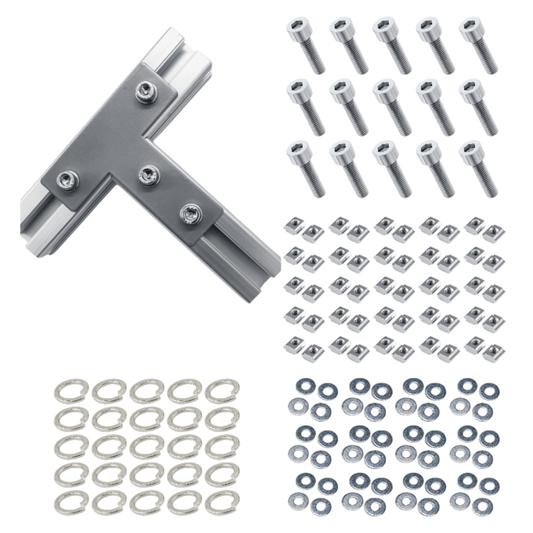 Planchas de empalme tipo T con acabado mate para riel TSLOT + tornillos + arandelas + tuercas deslizantes (set de 25 planchas)
