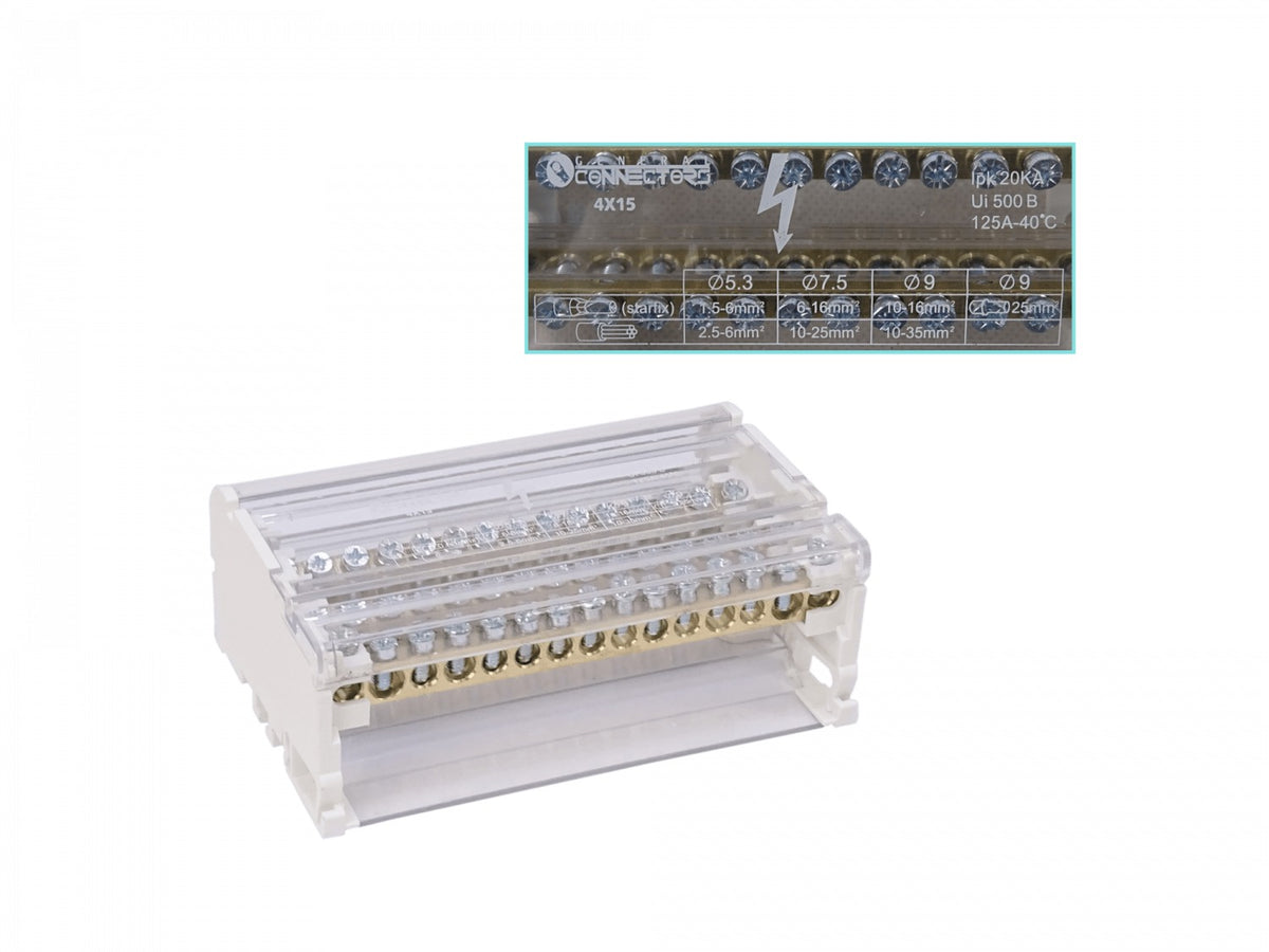 REPA-60. Distribuidor tetrapolar 4x15 de 125 A a 40 ºC, entradas 2x25 y 2x35, salidas 11x10 mm², referencia Art.6834