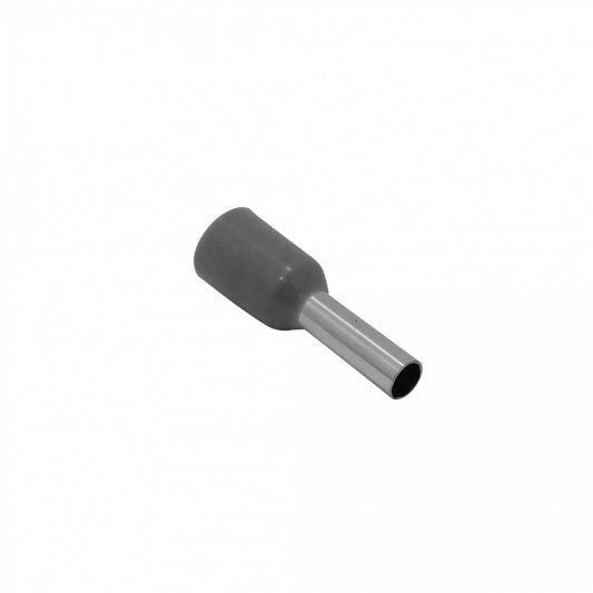 E2508-G. Color gris, sección 2,5 mm², longitud 8/15 mm, paquete de 100 unidades, calibre AWG14, punteras terminales aisladas para crimpado.