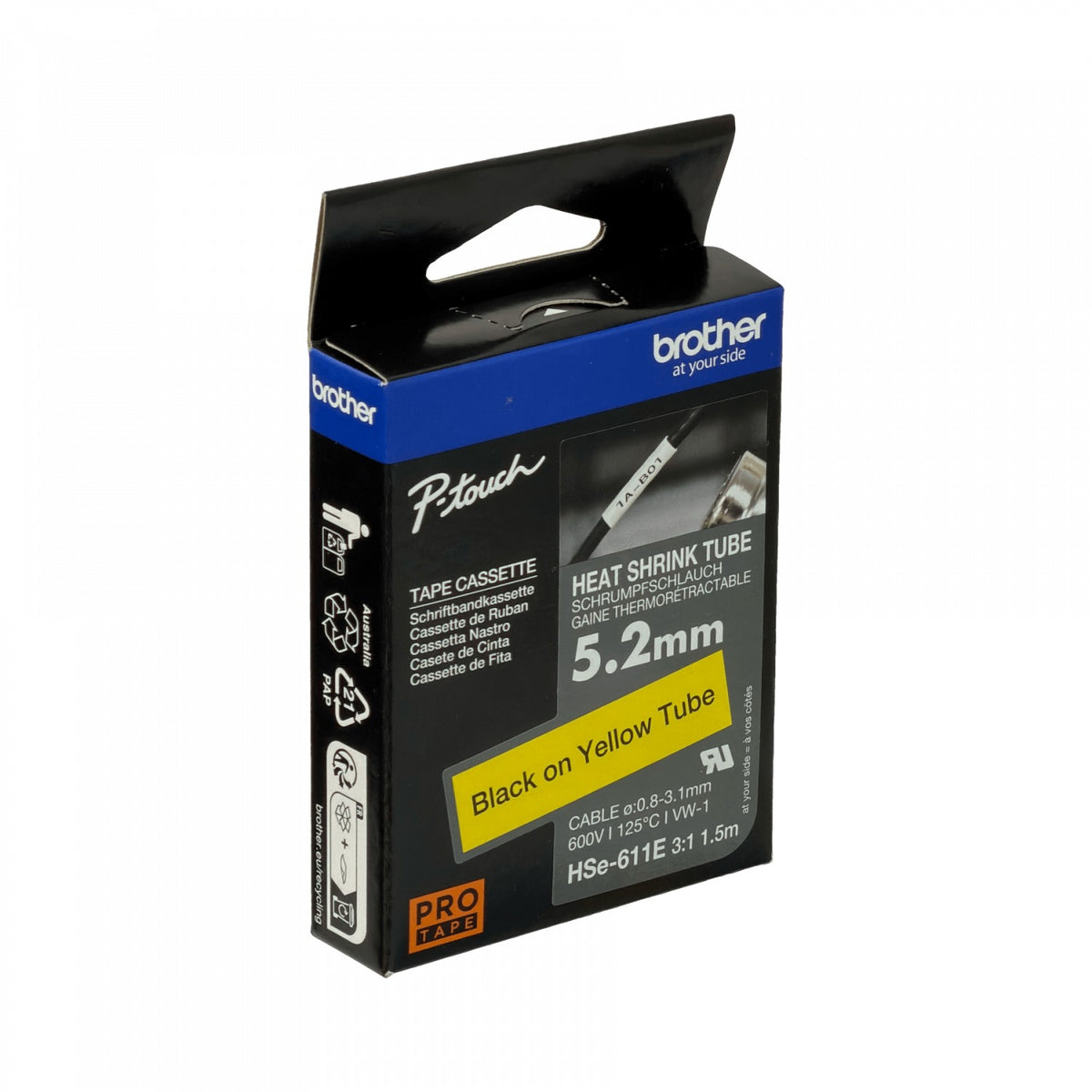 HSE-611E BROTHER 5,2mm Am Termoretractil 0,8-3,1mm Negro en Amarillo Tubo 1,5mt