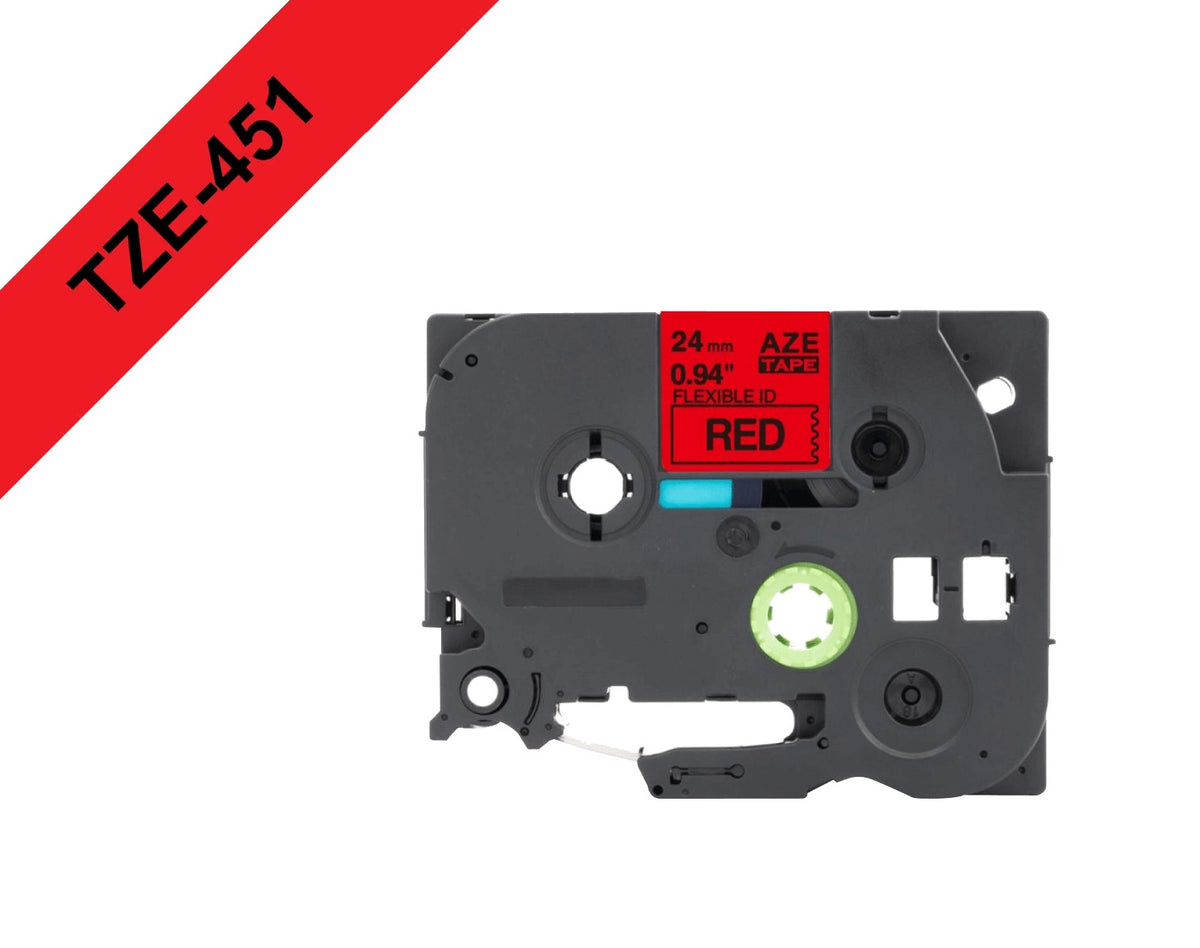 TZE-451 Cinta de 24mm para rotuladora BROTHER, impresión negra sobre base roja, 8 metros, compatible con PT-E550WVP/D600VP/P900W