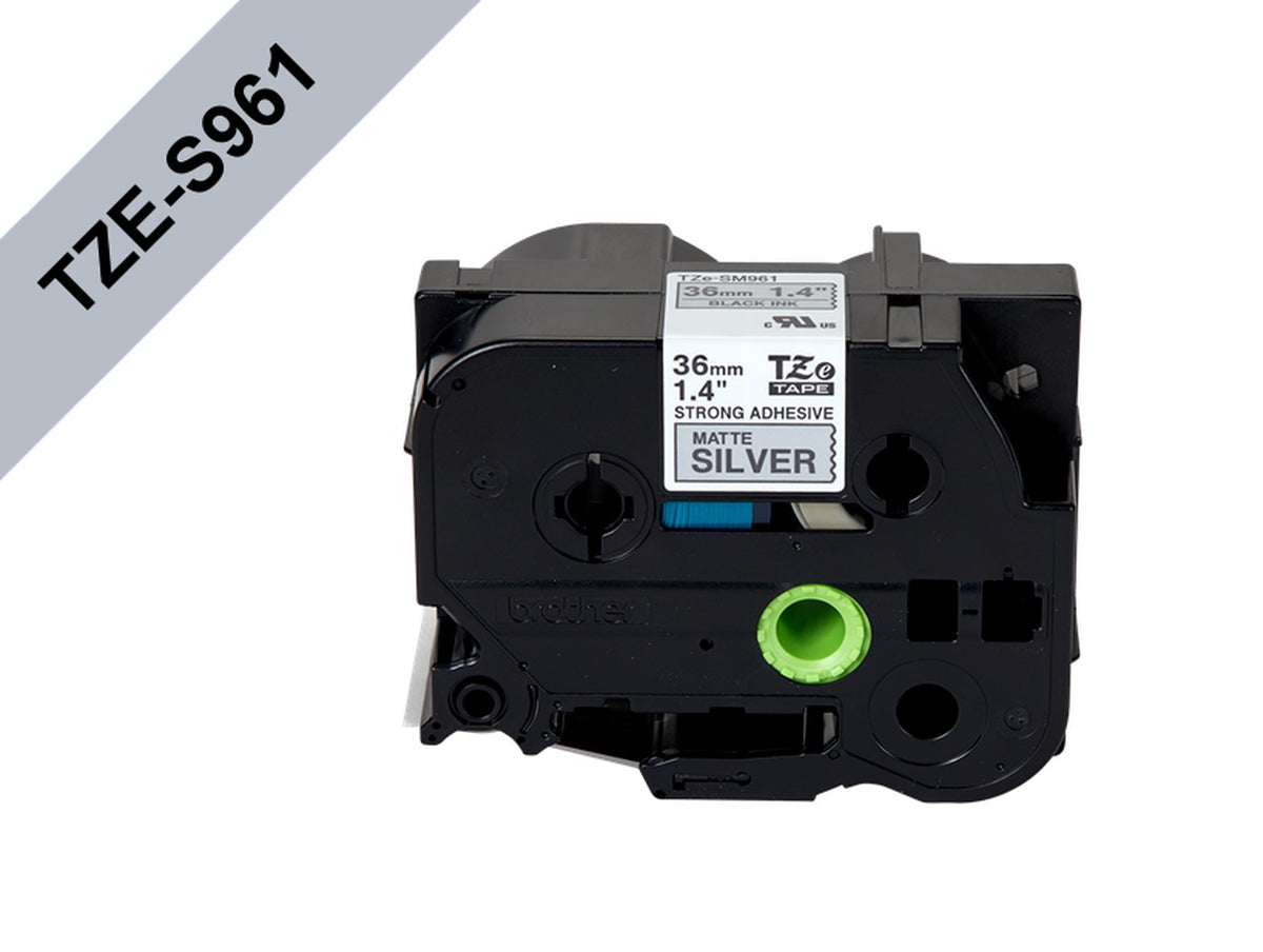 TZE-SM961 BROTHER Cinta laminada 36mm negro sobre plateado mate 8 metros para PT-P900W PT-9700PC