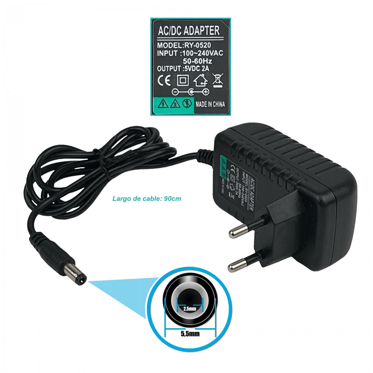 F5-2C Fuente de alimentación conmutada 5V 2A, clavija 5,5x2,5mm, entrada 100-240VAC, cable de 90cm