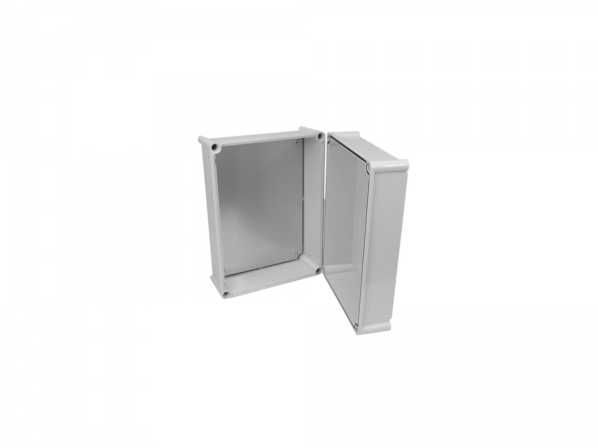 AG-2838-1. Caja plástica gris con tapa gris de 380x280x180 mm, con placa de montaje, grado de protección IP66, conforme a RoHS