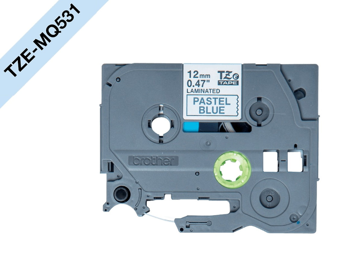 TZE-MQ531 BROTHER 12mm Negro sobre Fondo Azul Pastel Cinta 4m para PT-H110/E110/H200