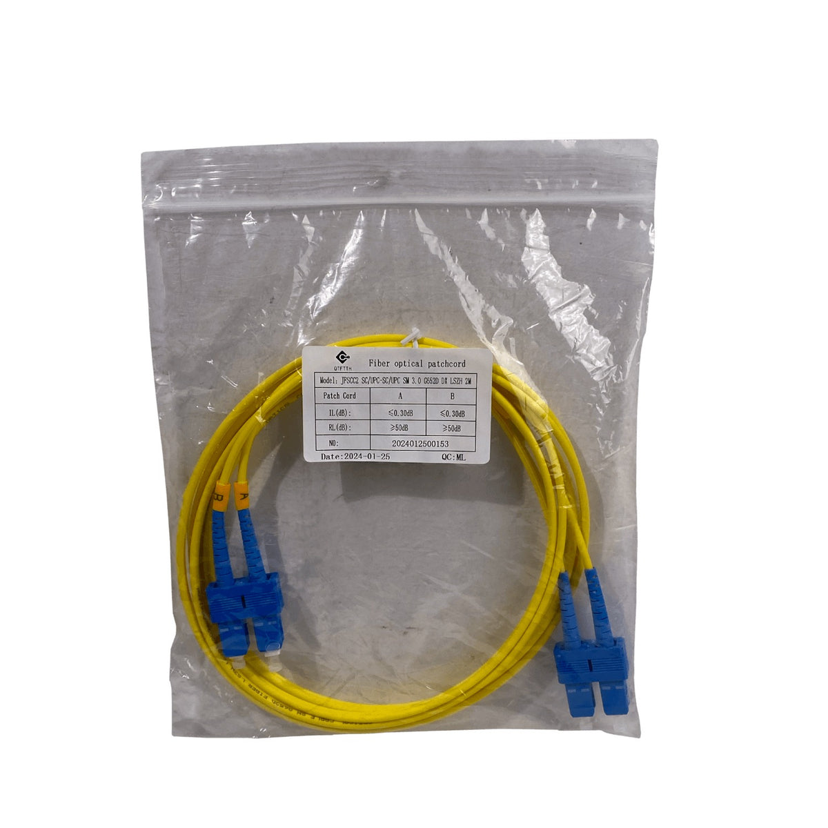 JFSCC2. Cable patch de fibra óptica monomodo dúplex de 2 metros, conectores SC a SC/UPC, diámetro 3 mm, núcleo/revestimiento 9/125 µm.