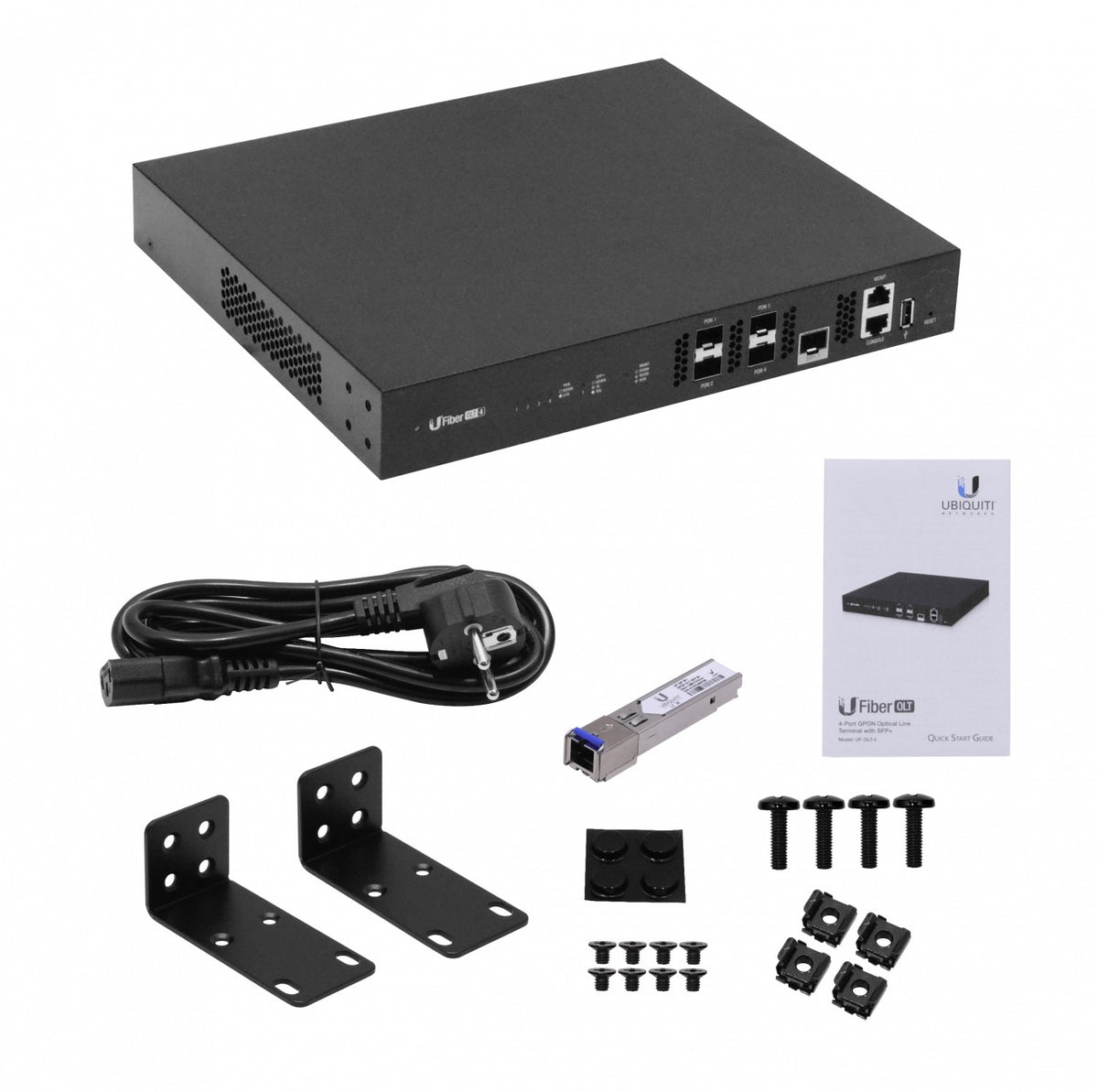 UF-OLT-4. Interfaz de usuario OLT con 4 puertos GPON, 1 puerto SFP+ de 10G, consola USB, gestión RJ45 IP, UFiber FTTH, UF-OLT-4-EU, UBIQUITI