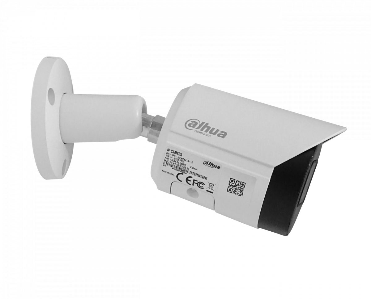 CAMI-BALA4 DAHUA Cámara IP tipo bala de la serie WizSense, resolución 4 megapíxeles, lente fijo de 2,8 mm, protección IP67, alimentación PoE, alcance infrarrojo de 30 metros, modelo HFW2441S.